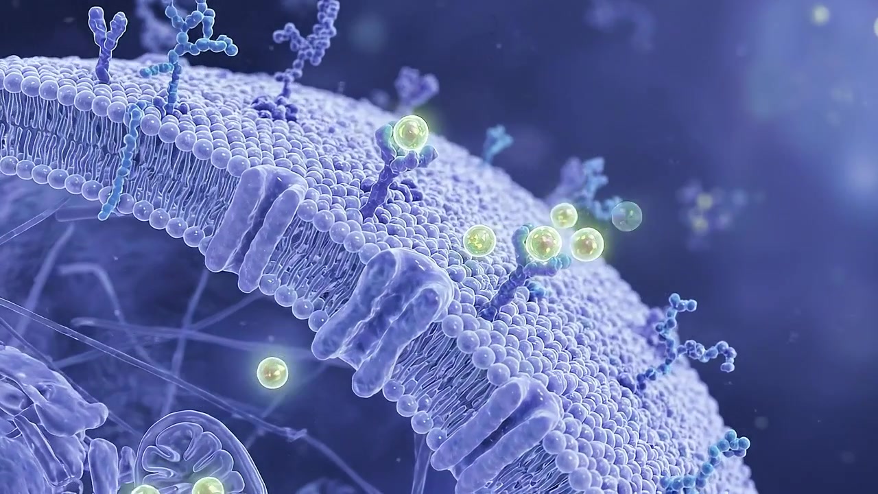 Cell membrane releasing glowing particles in microscopic science visualization