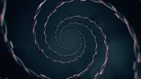 zooming rotating barbed wire spiral on dark blue backdrop with fire sparks