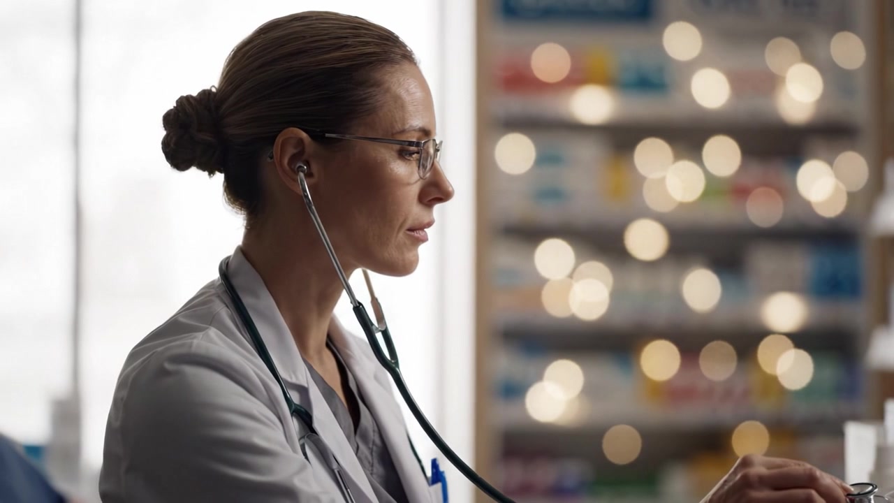 Un professionista medico concentrato esamina cartelle cliniche usando uno stetoscopio in una farmacia con uno sfondo sfocato di medicinali e prodotti sanitari.
