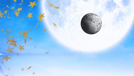 animation of stars falling over moon at christmas