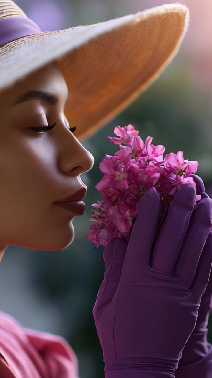 Momento sereno di una donna con un cappello che ammira splendidi fiori rosa con un'espressione dolce e un tocco delicato, catturato con dettagli mozzafiato.