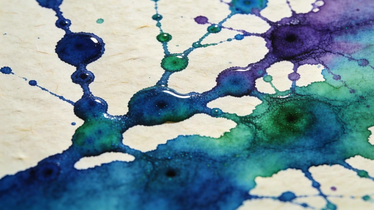 Blå, turkosa och lila pigment sprider sig och diffunderar över akvarellpapper efter att droppar landat.