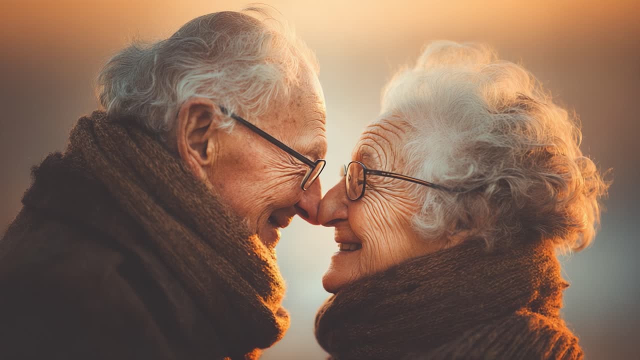 Un Momento d'Amore Toccante: Una Coppia Anziana Che Condivide un Tenero Abbraccio Naso a Naso Sotto un Caldo Sfondo al Tramonto