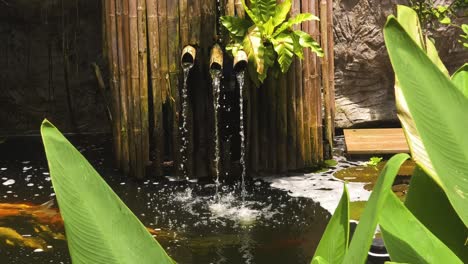 peaceful water feature with bamboo and koi fish