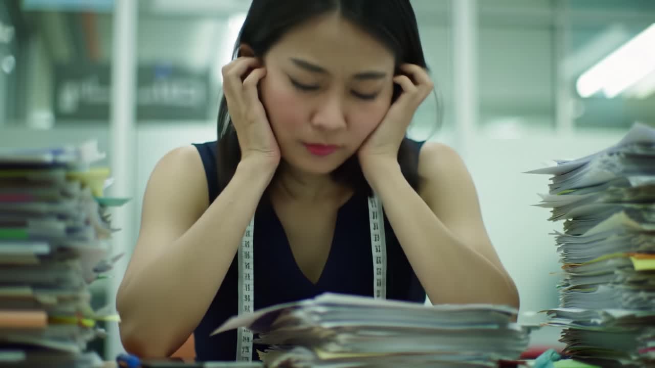 A woman appears overwhelmed while working at her desk surrounded by piles of paper. She shows signs of frustration as she tries to manage her workload in a bustling office setting.