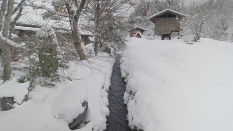 a river in winter in japan in the small village of shirakawago in japanese alps