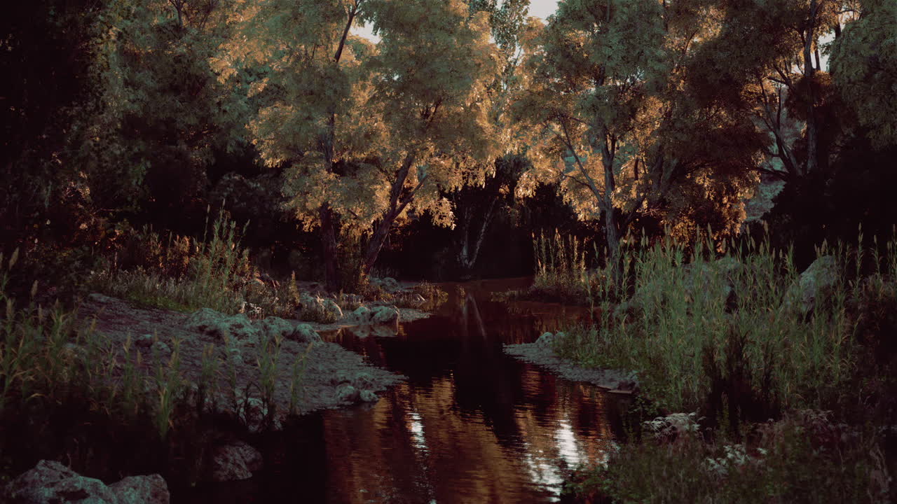 Tranquil sunset over a serene river surrounded by vibrant trees