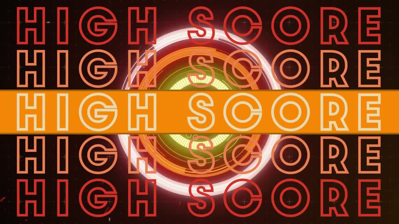 Animazione digitale del testo 'high score' su uno scanner circolare luminoso su sfondo nero.