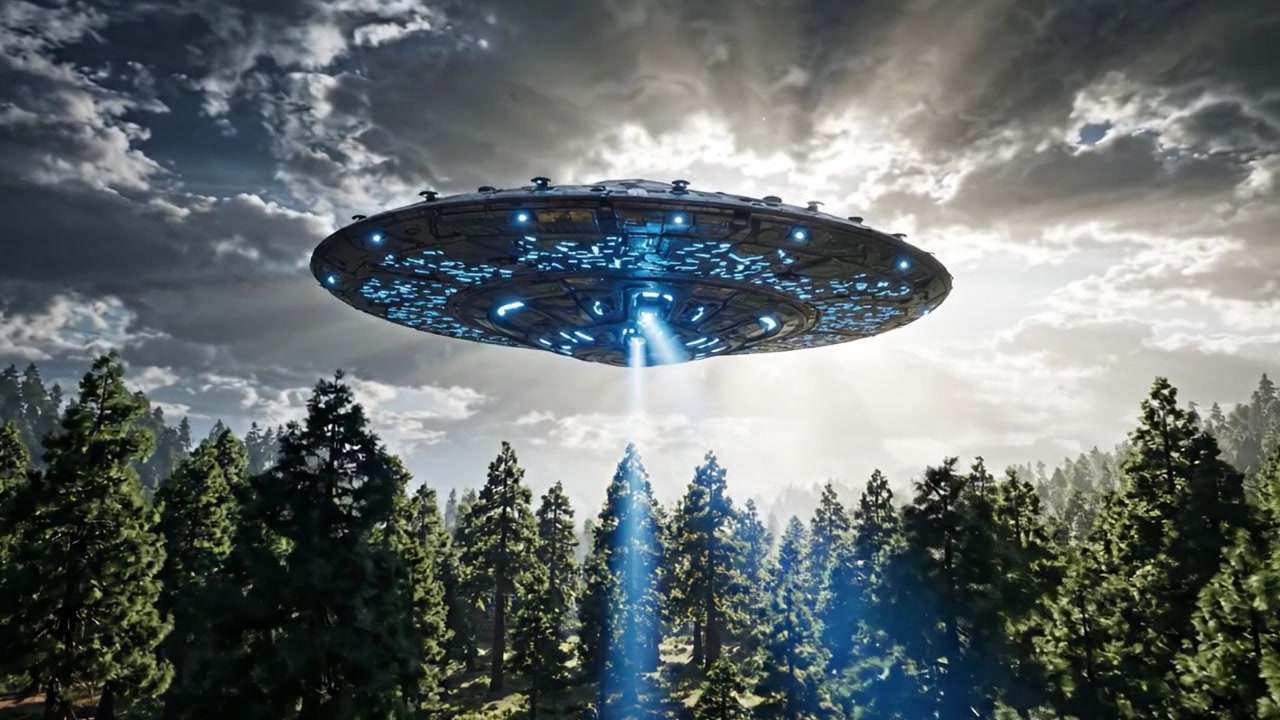 Mysterious UFO Emerges from the Clouds, Illuminating a Serene Forest Landscape with Its Bright Beams and Captivating Design in a Stunning Sci-Fi Setting