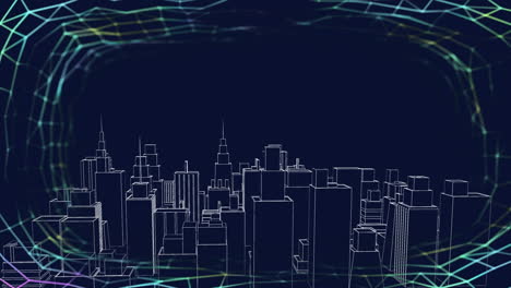 animation of digital city over network of connections on black background