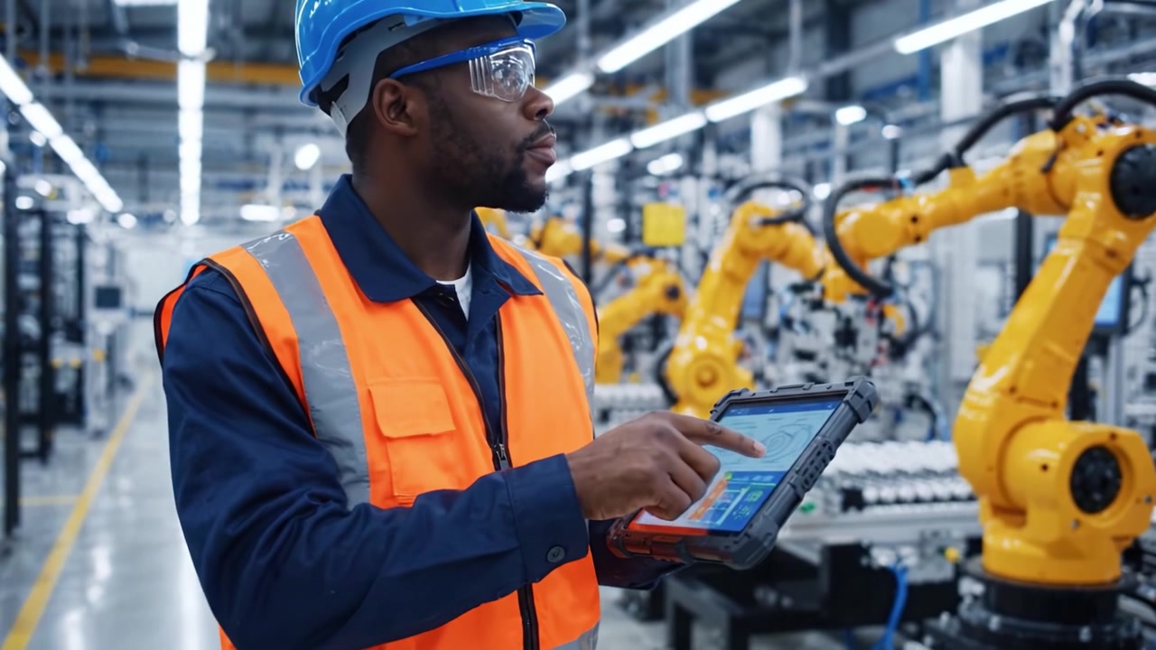 A Factory Worker in Protective Gear Utilizing a Tablet to Oversee Automated Robotics Operations in a High-Tech Manufacturing Environment