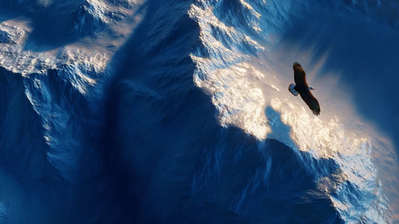 Majestic Eagle Soars Above Mountain Peaks, Capturing the Essence of Nature's Splendor with a Breathtaking View of Shimmering Snow-Capped Landscapes Below