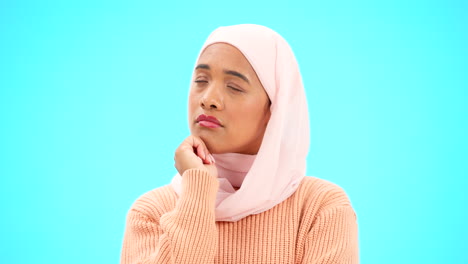 Muslim-woman,-thinking-and-idea-in-studio