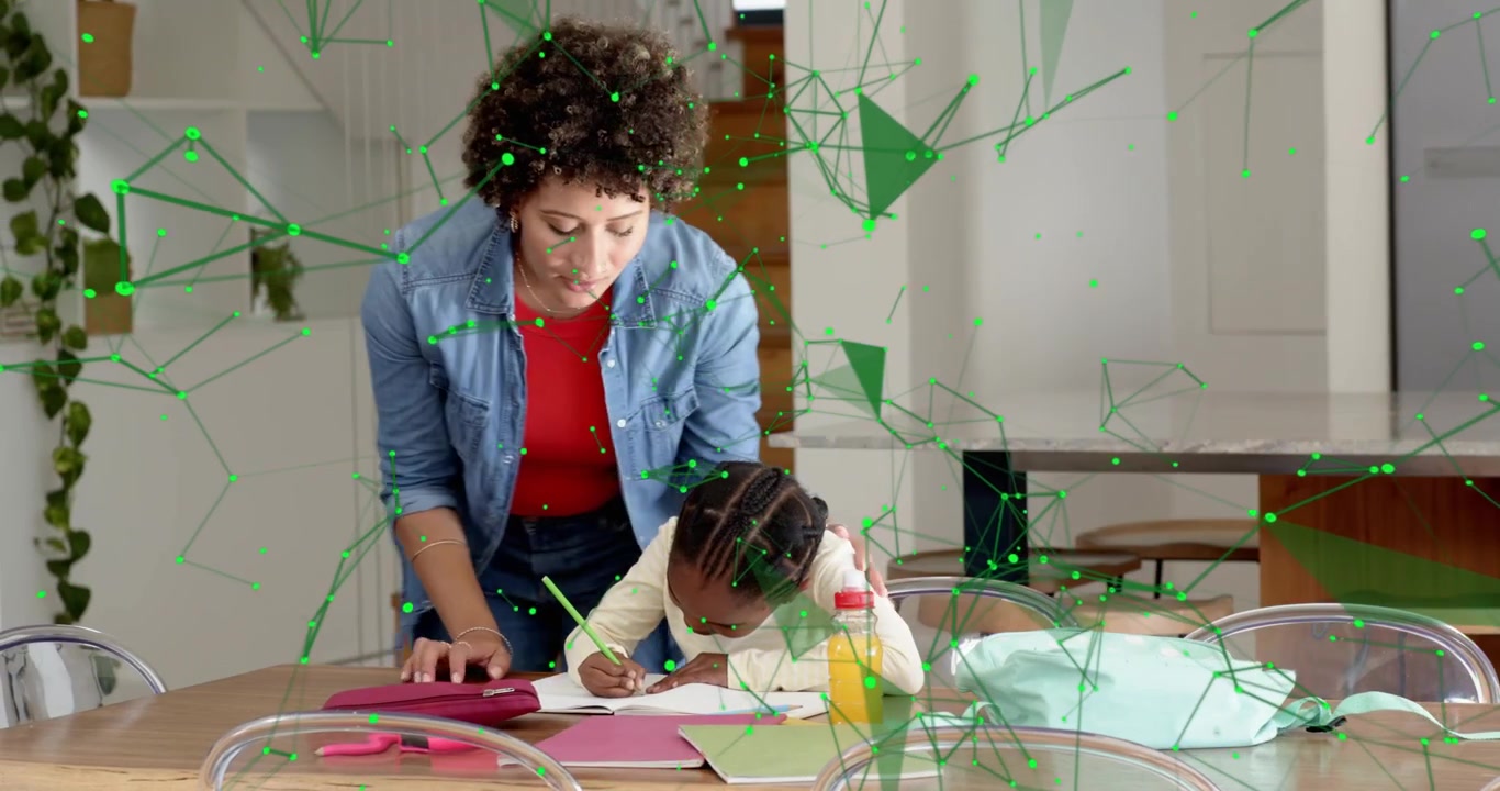 Kid smiling with pencil, mom leaning over page guiding homework while green net shifting over faces