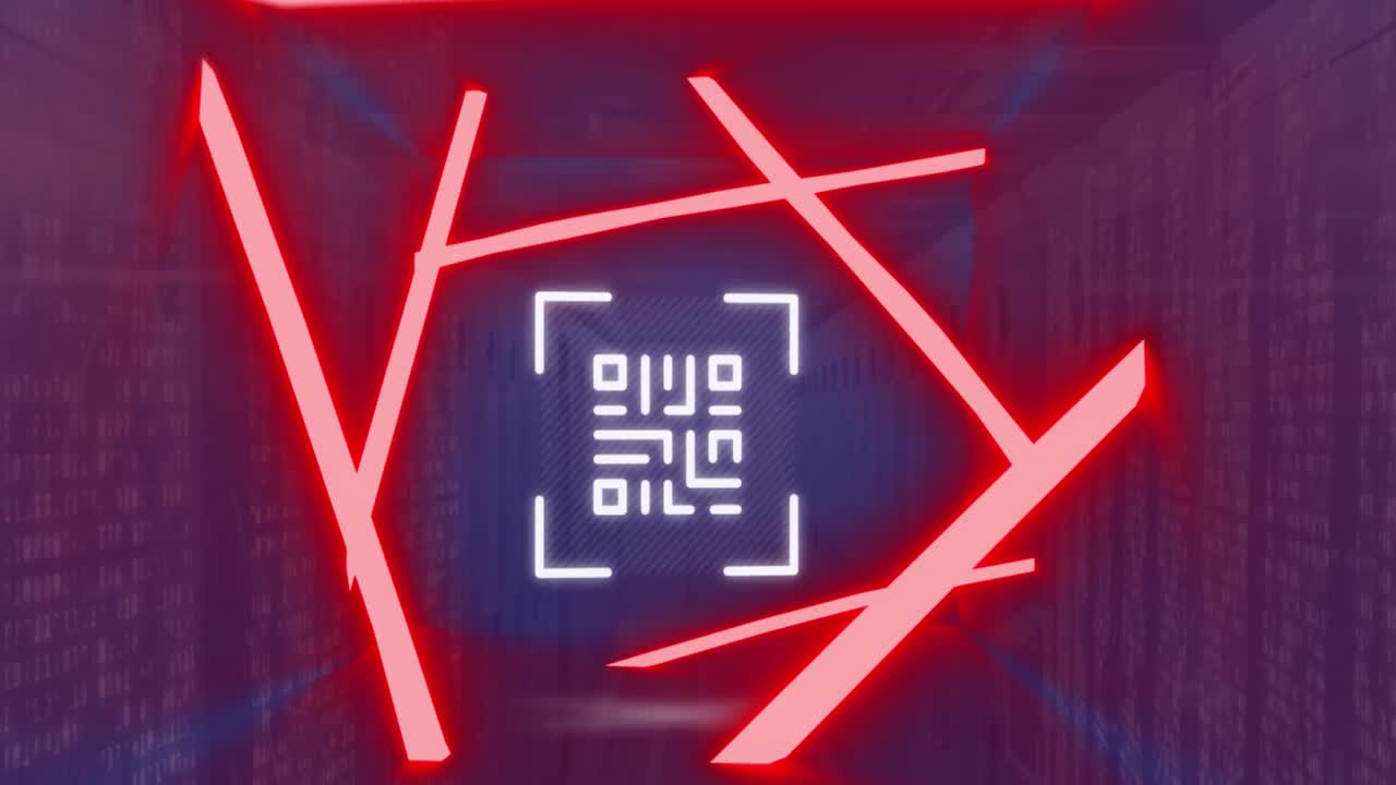 animación de rastros de luz roja brillante sobre el escáner de códigos de barras contra el cuadrado de mosaico sobre la sala del servidor.