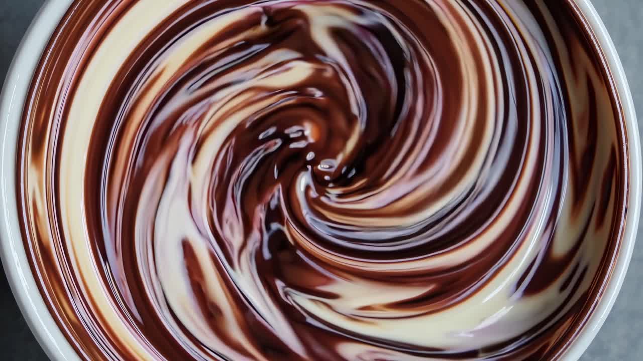 Ripresa video dall'alto di una ciotola con cioccolato e panna in vortice, che crea un'immagine ipnotica e astratta.