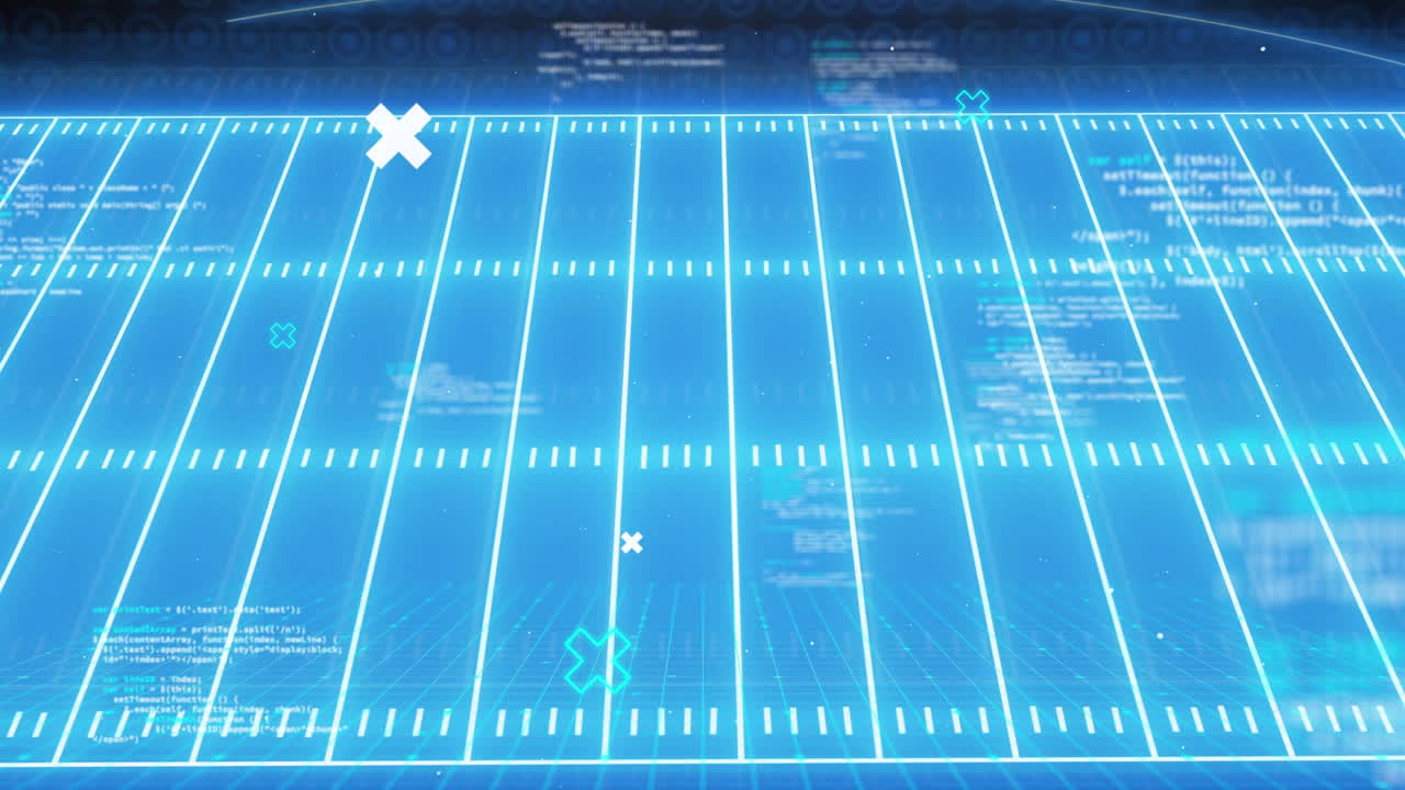 animación del procesamiento de datos sobre el campo deportivo azul neón