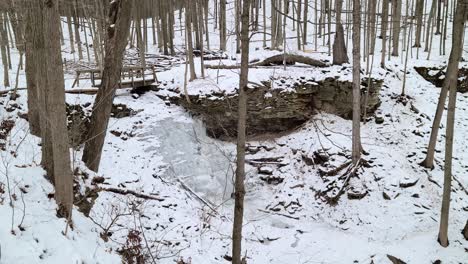 Cascada-Congelada-Y-Río-Forestal-En-Frío-Invierno-Blanco,-Vista-Panorámica-Derecha