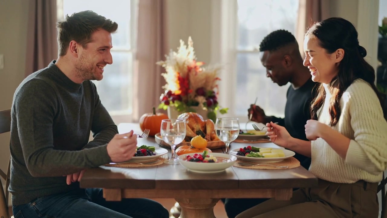 Joining friend appearing, couple in sweaters shifting from eating to laughing sharing roast at home