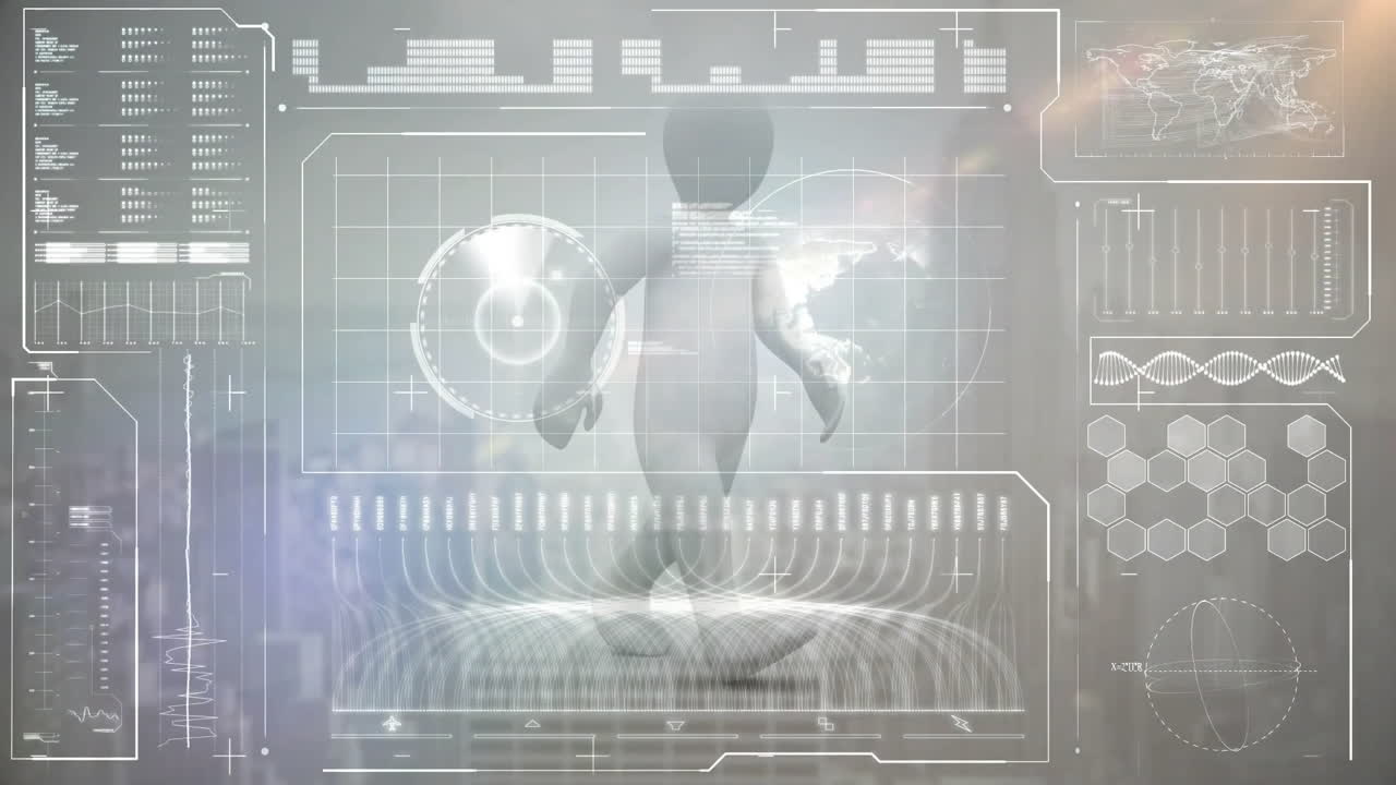 미래의 데이터 분석 애니메이션에서 아이가 침대에 고 있습니다.