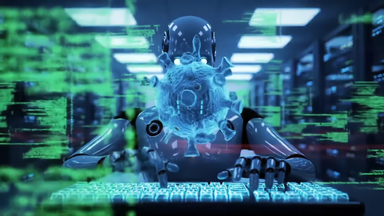 An AI Robot Engaging in Cybersecurity Analysis: From Digital Coding to Virus Simulation in a High-Tech Data Center Environment