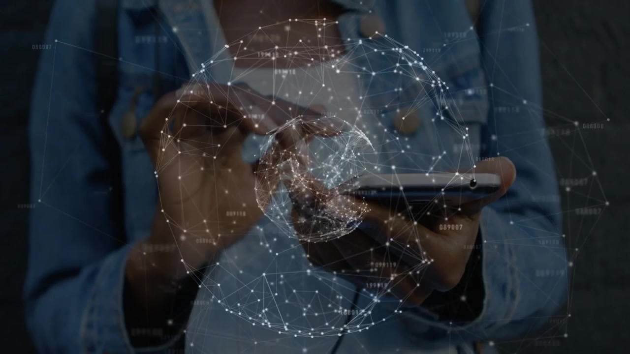 Woman tapping phone, controlling AR network globe to explore and reveal denser node clusters