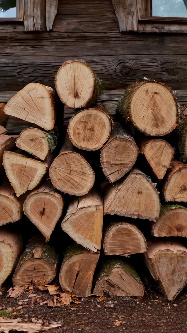 Vertical video: Panning camera from low upward across stacked logs against shed siding for drying