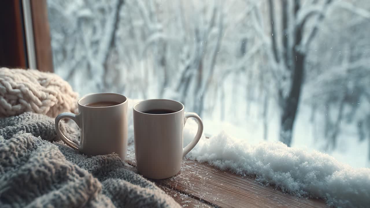 Hyggelig vinterstemning: To varme kopper kaffe ved det frostklare vindue med et sneklædt landskab i baggrunden, perfekt til afslapning midt i kulden.