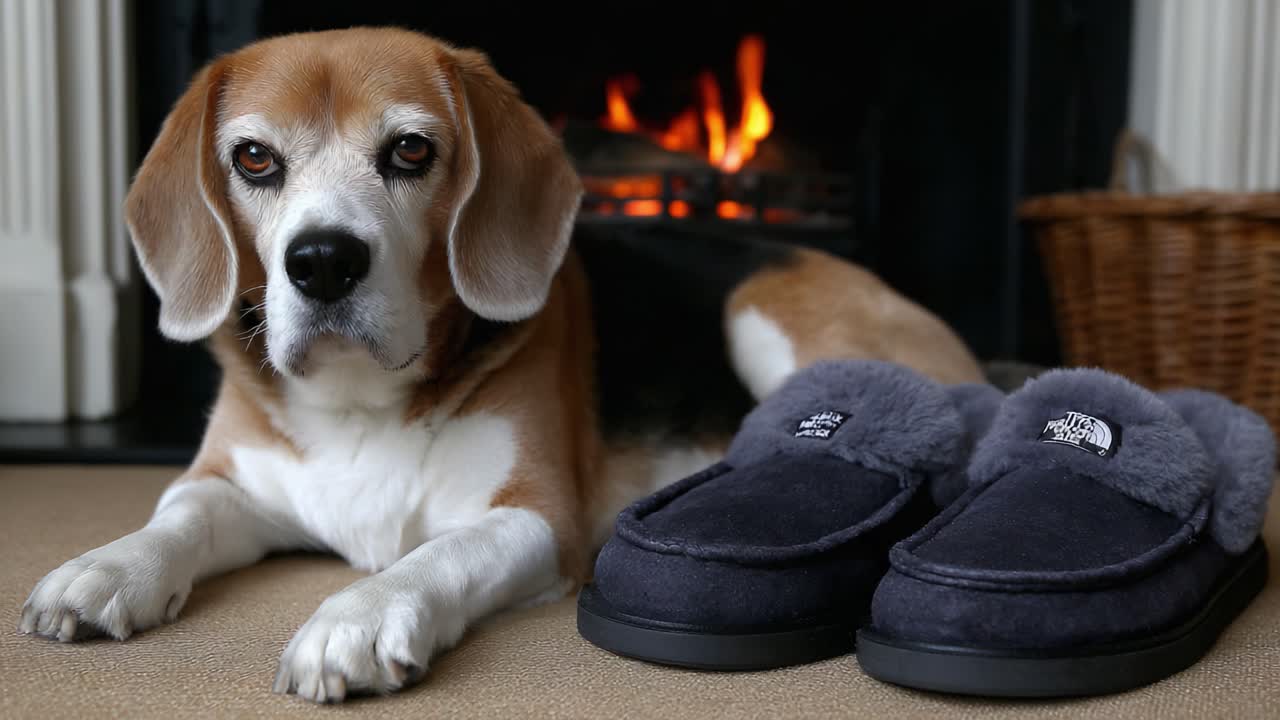 Un simpatico beagle si rilassa accanto al camino, con delle pantofole di peluche accanto, creando un'atmosfera calda e accogliente per le giornate invernali