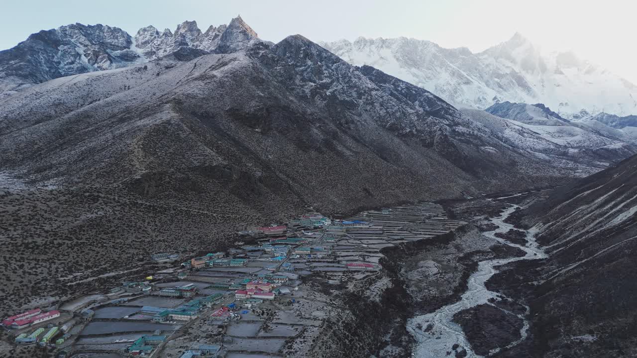 Breathtaking landscapes of the Everest region with snow-capped peaks, glacial rivers, and serene valleys along the iconic Base Camp trekking route in Nepal