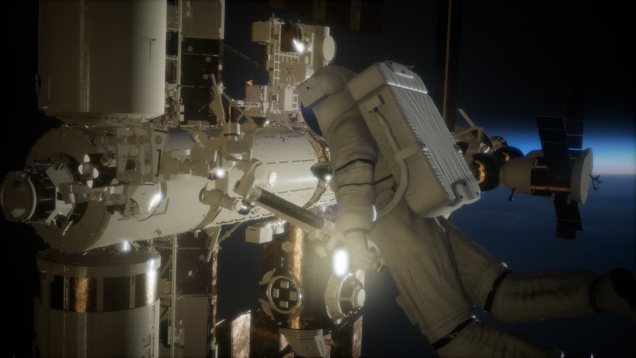 международная космическая станция и астронавт в космическом пространстве над планетой земля