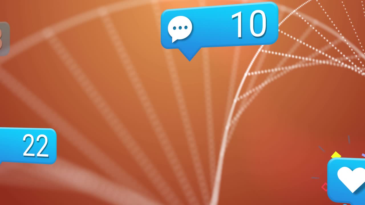 Blue social bubbles entering from right, spiraling along dots, updating counts, showing engagement