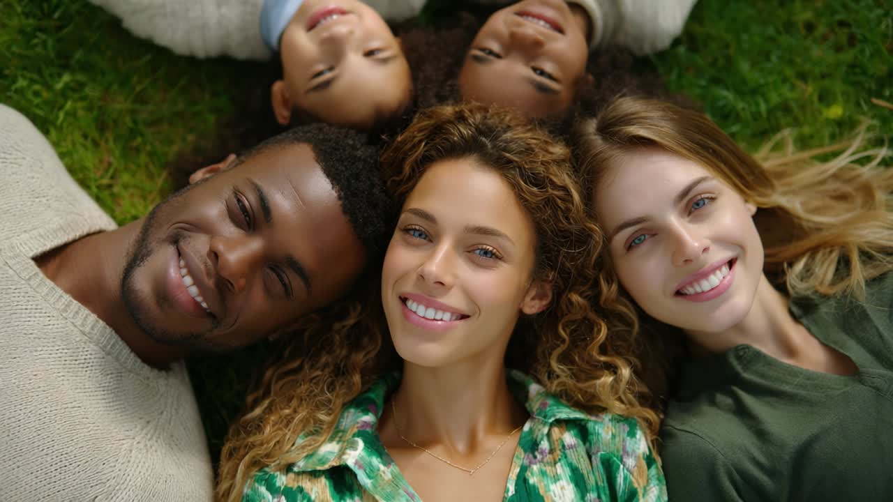 Diverse group of friends lying on grass and smiling
