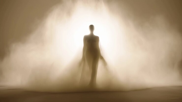 A person in silhouette stands and faces forward against a dark background with a light source behind the subject, creating a mysterious and dramatic mood. This scene is commercial.