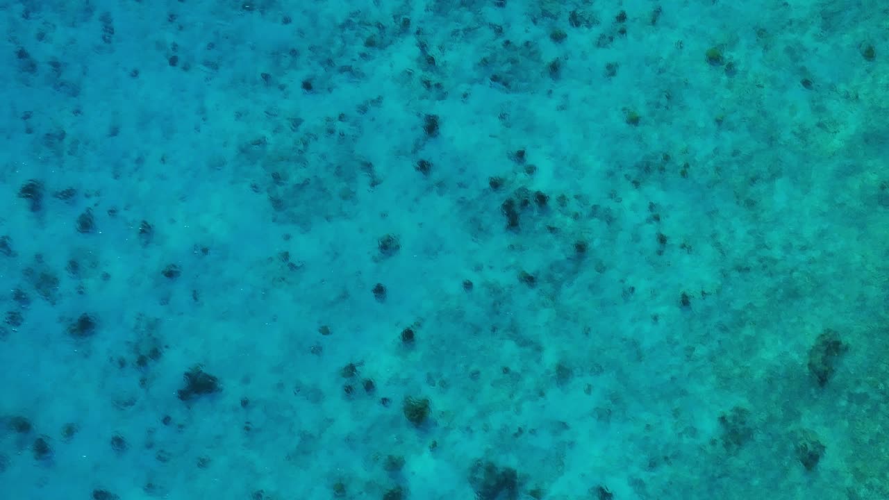 Clear Caribbean sea ocean water, sunny day with light rays and coral, aerial top down static