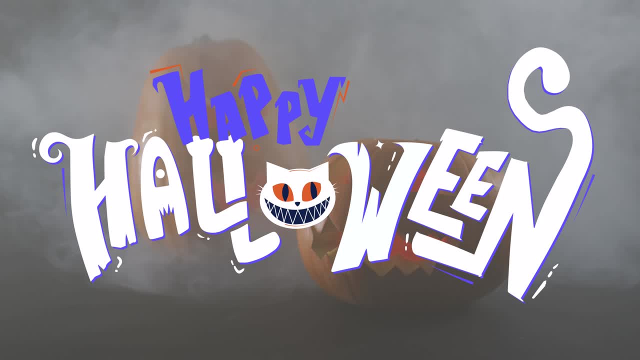 회색 배경 에 대 한 호박 위 에 대 한 연기 효과 에 대 한 행복 한 할로윈 텍스트 배너