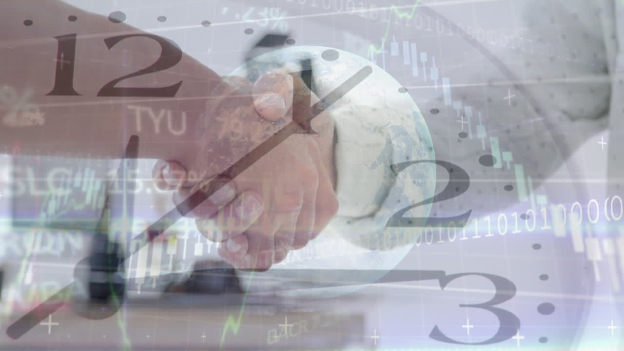 시간의 흐름과 데이터 처리가 사업가들의 손을 흔드는 것과 대조됩니다.