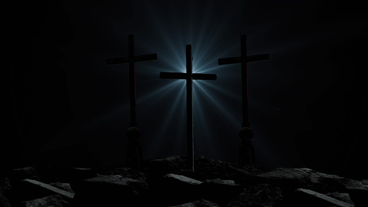 tres cruces en la silueta de las rocas y fondo de estrellas nocturnas