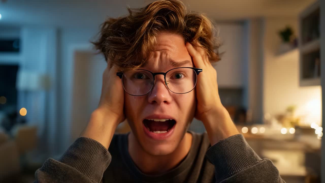 A young man experiences overwhelming emotions, expressing feelings of distress and panic in a dimly lit room, highlighting the intensity of his reaction