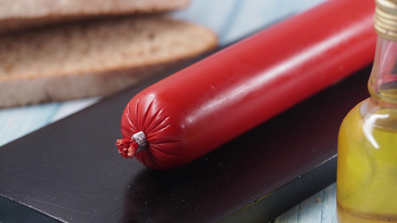 Close-up of Red Sausage with Olive Oil and Bread on a Cutting Board