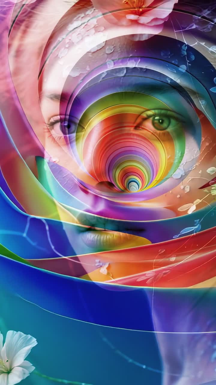 Vertical video: Animation opening revealing woman in rotating rainbow tunnel, with floral motifs