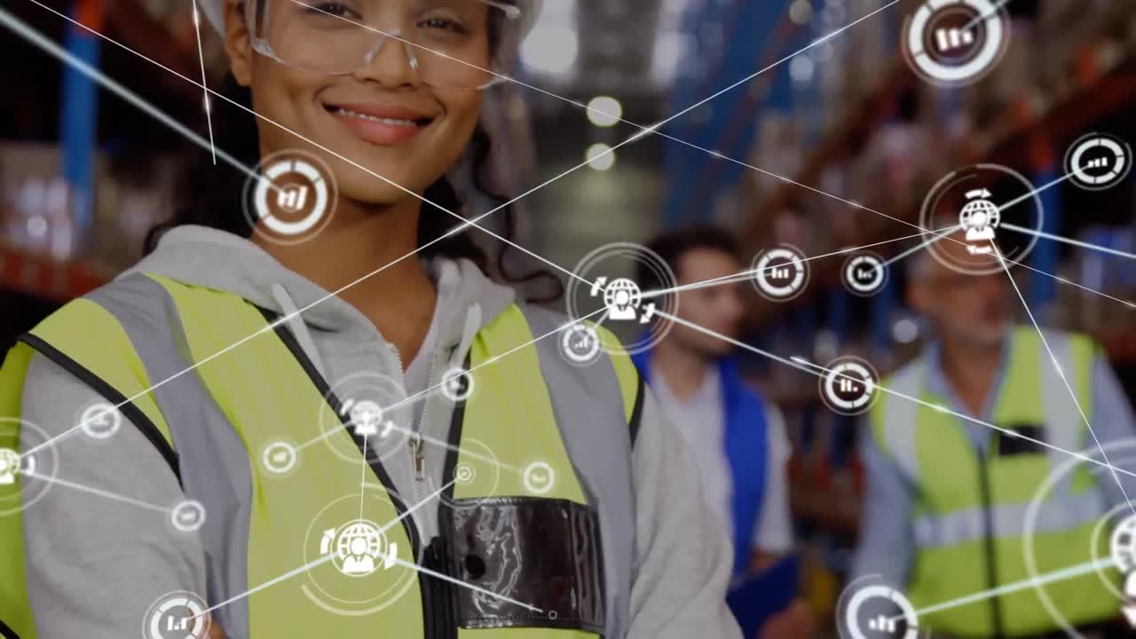 animación de la red de conexiones con iconos sobre diversos trabajadores en el almacén