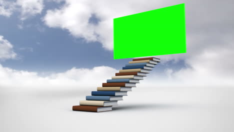 Escalera-Hecha-De-Libros-Con-Una-Pantalla-Verde-En-El-Cielo-Nublado-