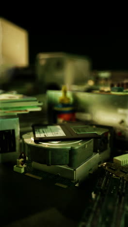 close-up of vintage computer hardware with a floppy disk, hard drive, and circuit board