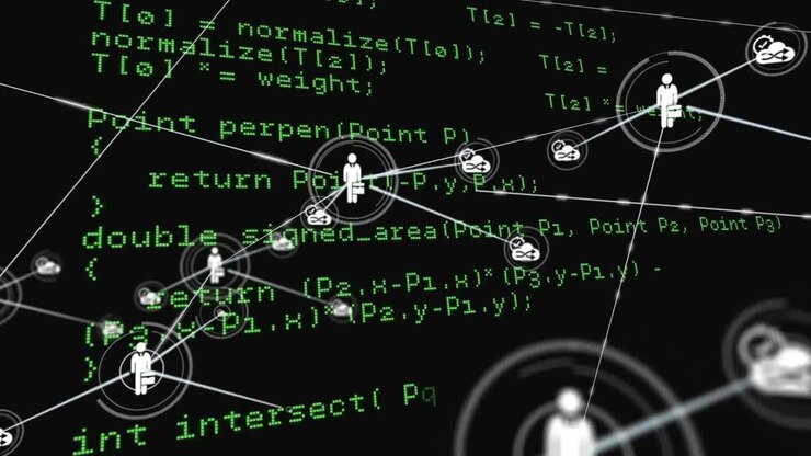 Animation of connected profile icons over looping computer language against black background