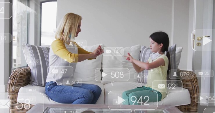 Mother leading pinching sliding gestures daughter mirroring as social media icons rising