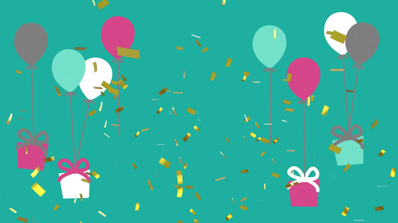 globos y cajas de regalos con confeti cayendo, animación de celebración