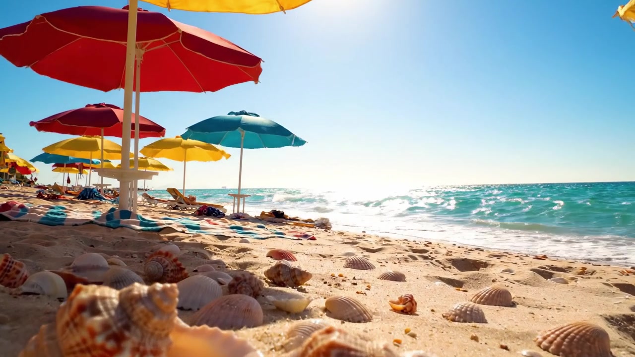 Een serene strandscène met kleurrijke parasols en schelpen onder een felle zon, perfect om te ontspannen en te genieten van de rust van de kust.