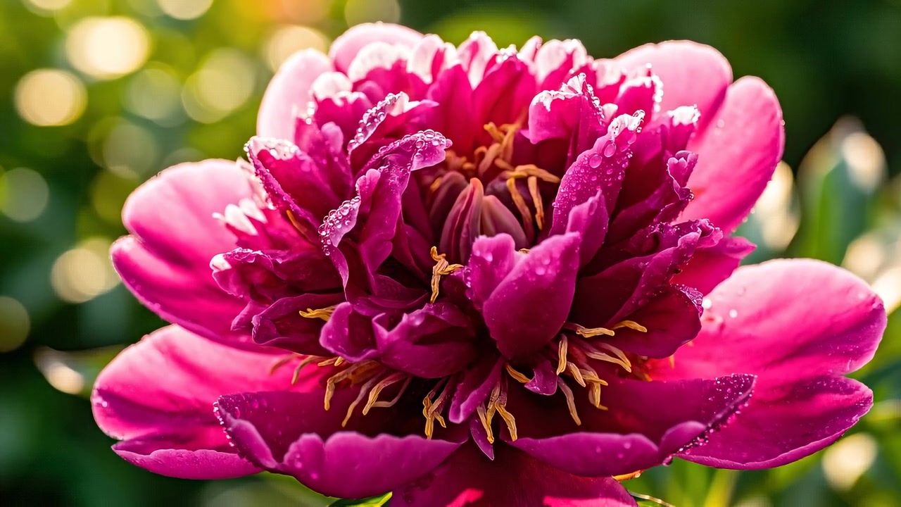 Time-lapse di un fiore di peonia rosa che sboccia con gocce di rugiada