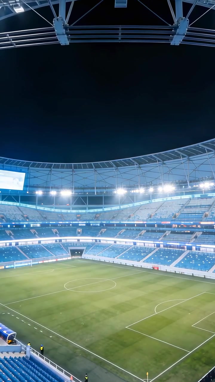 Video verticale: Telecamera che si inclina mostrando gli spalti vuoti del campo e steward con giubbotti ad alta visibilità, di notte prima della partita.